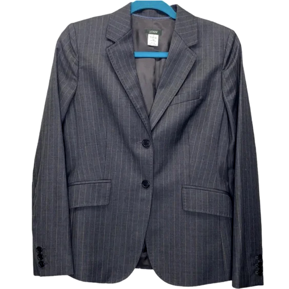 J. Crew Womans 12 English Wool Two Button Blazer Pin Striped Jacket Dark Gray